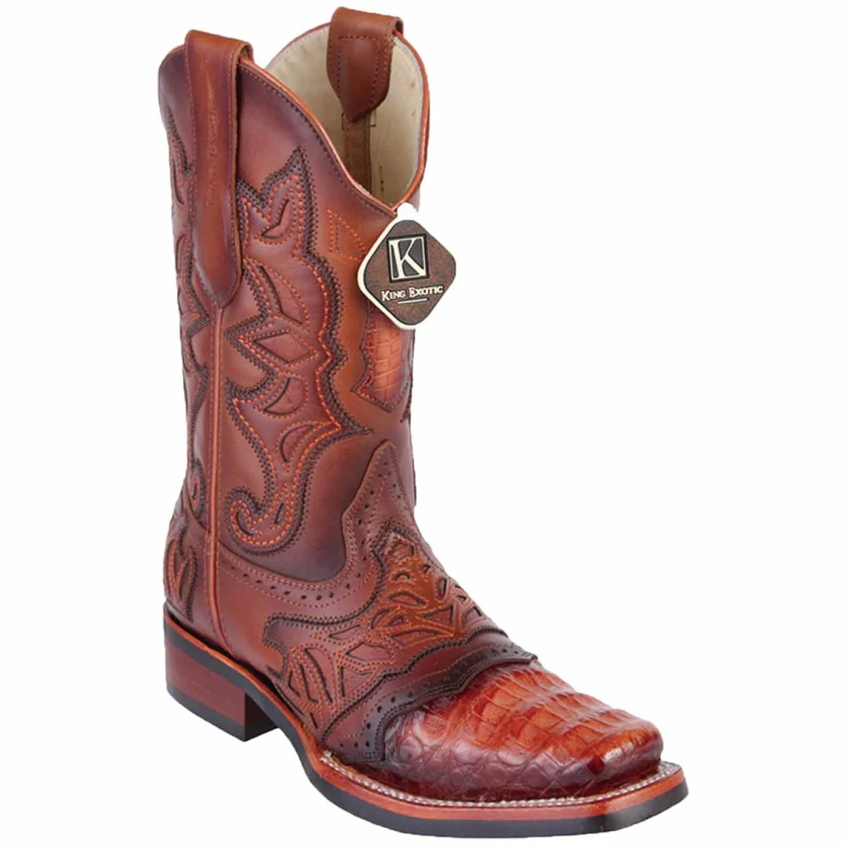 King Exotic Men's Caiman Belly Square Toe Boots with Saddle - Cognac 48118203