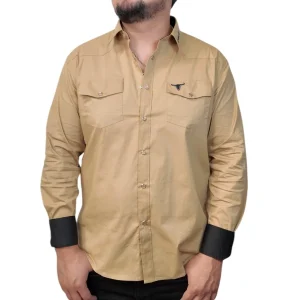 Men's Button Down Shirt with Embroidered Long Horn Desig Contti- 1210