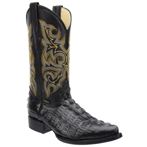 Men's Caiman Tail Print Leather J-Toe Boots - Black