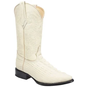 Men's Caiman Tail Print Leather J-Toe Boots - Winter White
