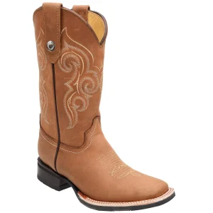 Men's Genuine Crazy Leather Square Toe Boots Rubber Sole - Tan