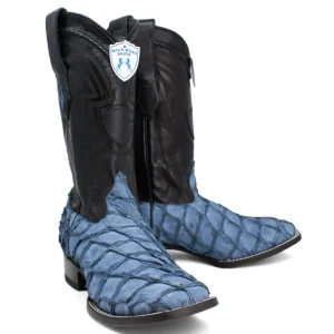 Botas de Pescado Pirarucu Original Punta Cuadrada Ancha Color Azul Jean - Wild West Boots