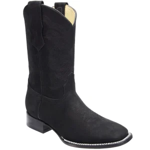 Men's Genuine Suede Leather Square Toe Boots - Black