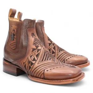 Men's Laser Engraving Square Toe Ankle Boots - Honey