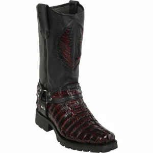Botas Biker de Cocodrilo Caiman Cola Original Color Negro Rojizo - Los Altos Boots