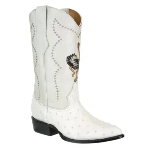 Men's Ostrich Print Leather J-Toe Boots Bone JB901