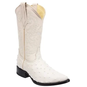 Men's Ostrich Print Leather J-Toe Boots - Winter White