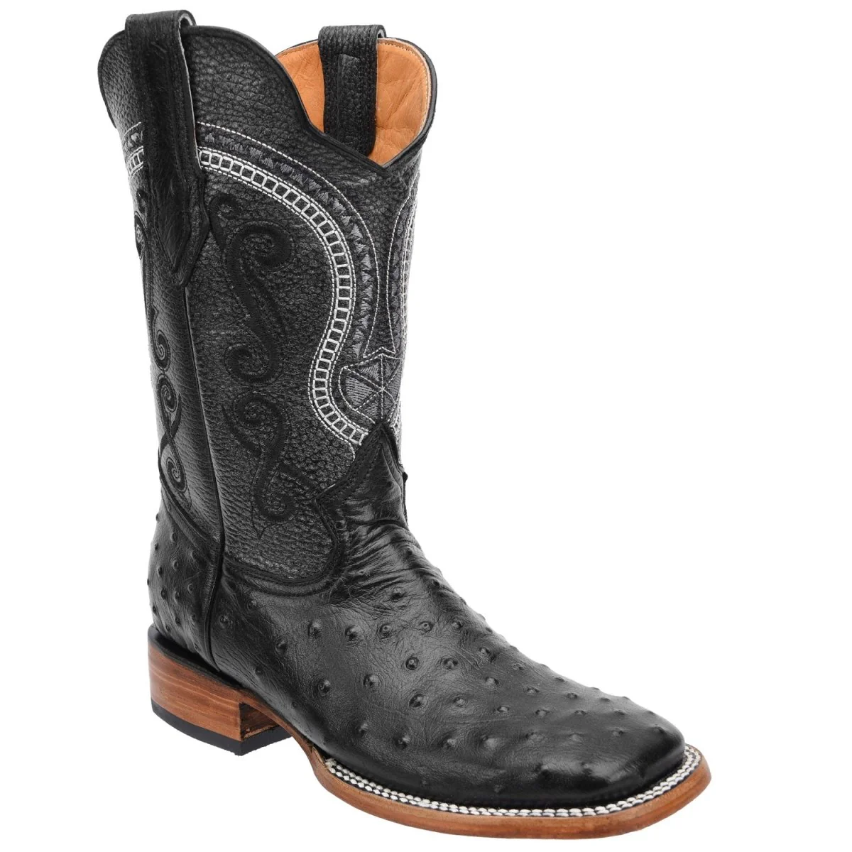 Men's Ostrich Print Leather Square Toe Boots - Black - Imagen 2