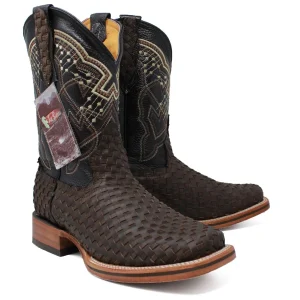 Men's Petatillo Woven Leather Square Toe Boots - Brown