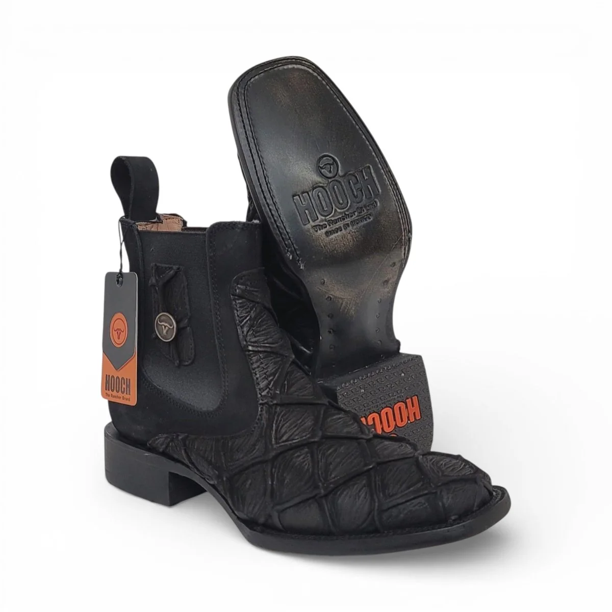 Mens Pirarucu Print Western Botin Black – Genuine Leather Square Toe H42RM7205 - Imagen 2