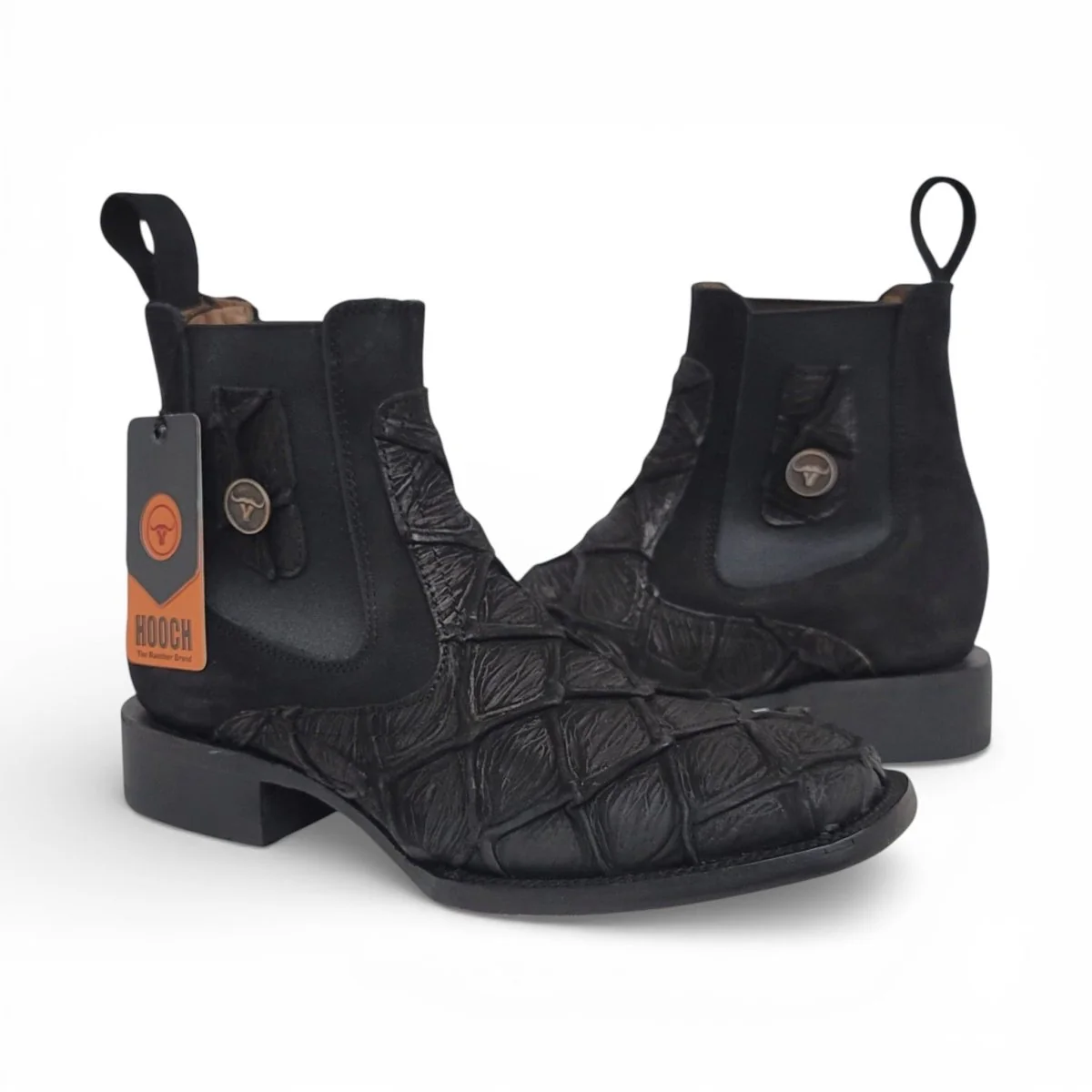 Mens Pirarucu Print Western Botin Black – Genuine Leather Square Toe H42RM7205 - Imagen 5