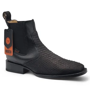 Men's Python Print Genuine Leather Square Toe Boots - Black