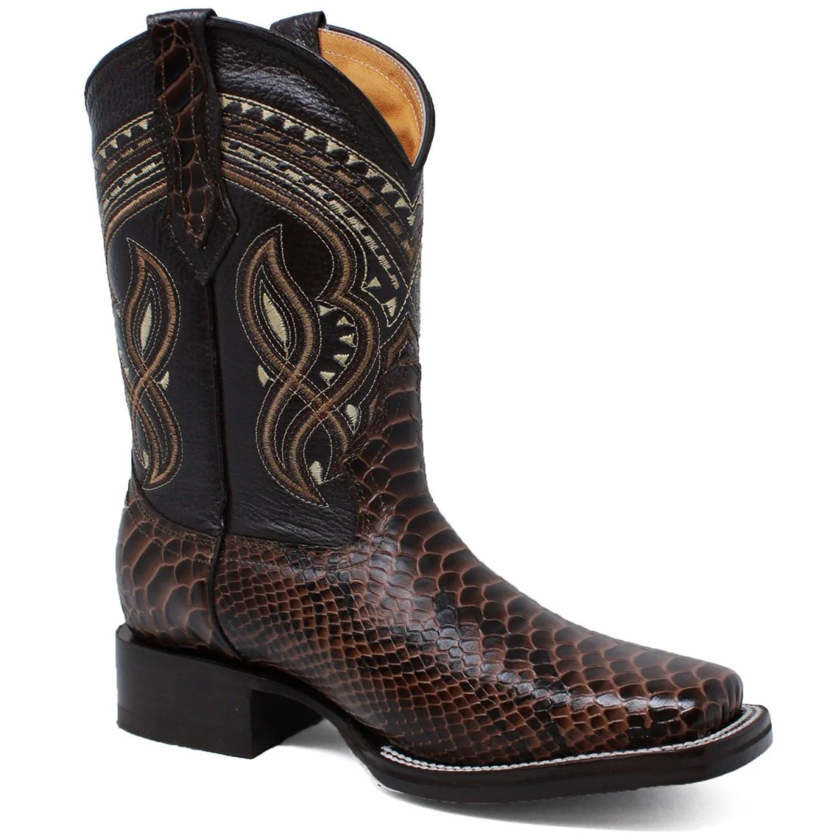 Men's Python Print Leather Square Toe Boots - Brown - Imagen 4