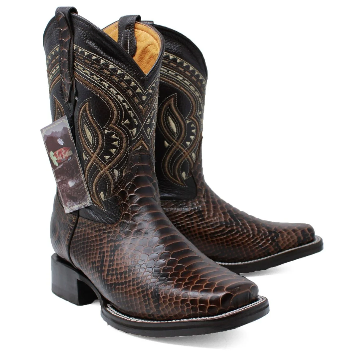 Men's Python Print Leather Square Toe Boots - Brown - Imagen 2
