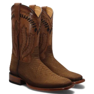 Men's Python Print Leather Square Toe Boots - Honey