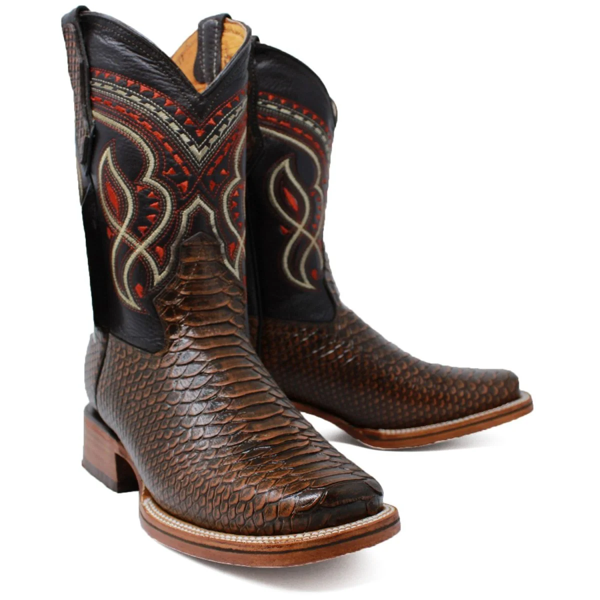 Men's Python Print Leather Square Toe Boots - Honey - Imagen 2