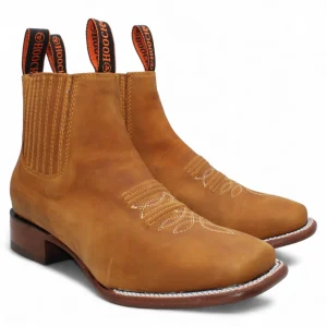Botin Vaquero para Hombre de Piel Crazy Color Papaya con Punta Cuadrada y Suela de Cuero – Hooch Boots H42P2661