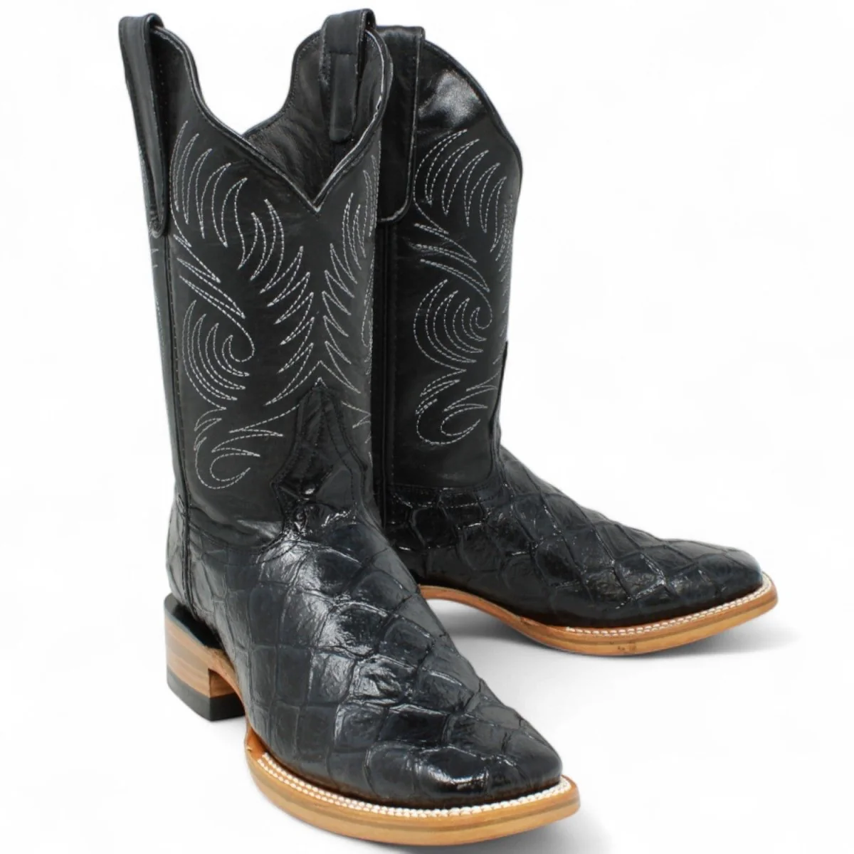 Men's White Diamonds Monster Fish Print Square Toe Boots - Black