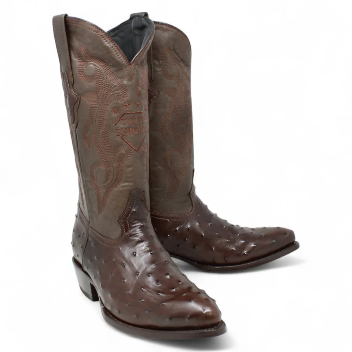 Men's White Diamonds Ostrich Print J-Toe Boots - Brown - Imagen 2