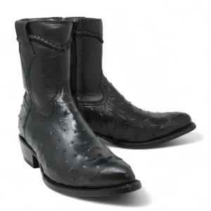 Men's White Diamonds Ostrich Print J-Toe Short Boots w/Zipper - Black