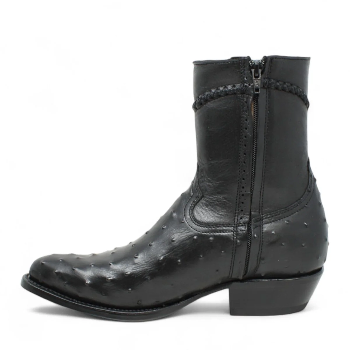 Men's White Diamonds Ostrich Print J-Toe Short Boots w/Zipper - Black - Imagen 3