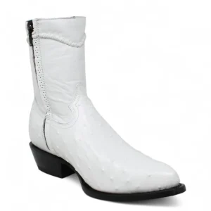 Men's White Diamonds Ostrich Print J-Toe Short Boots w/Zipper -White