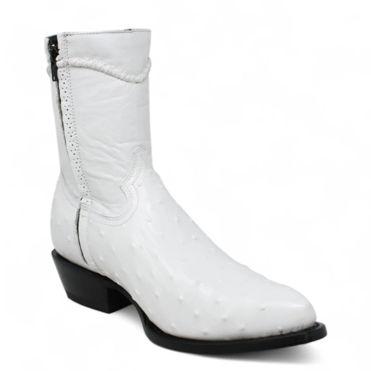 Men's White Diamonds Ostrich Print J-Toe Short Boots w/Zipper -White