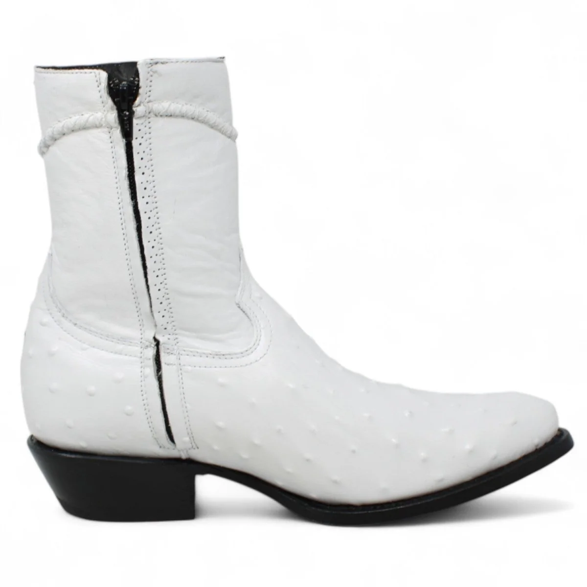 Men's White Diamonds Ostrich Print J-Toe Short Boots w/Zipper -White - Imagen 3