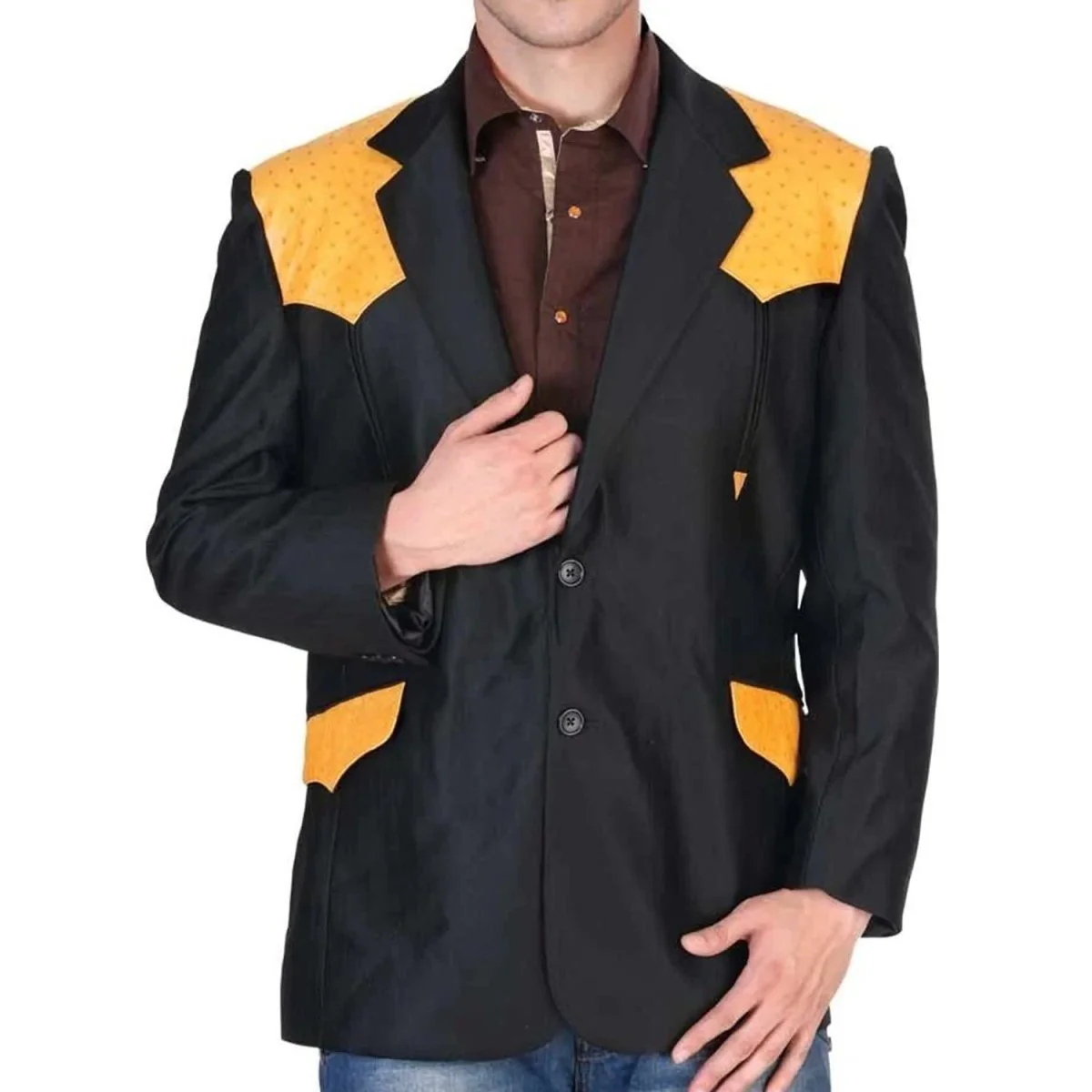 Saco Vaquero Estilo Chalino con Avestruz Original Negro-Mantequilla - Imagen 3