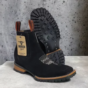 Suede Leather Square Toe Tractor Sole Ankle Boots - Black