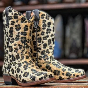 Tanner Mark Girl's Leather Square Toe Boots - Leopard Cowgirl