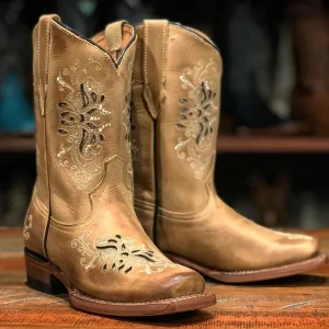 Tanner Mark Girl's Leather Square Toe Boots - Mesquite