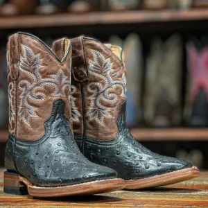 Tanner Mark Kid's Ostrich Print Square Toe Boots - Duke