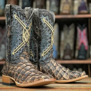 Tanner Mark Men's Chochise Genuine Monster Fish Square Toe Boots Brown TMX208018