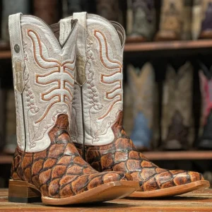 Tanner Mark Men's Dillon Print Monster Fish Square Toe Boots Cognac TM205539