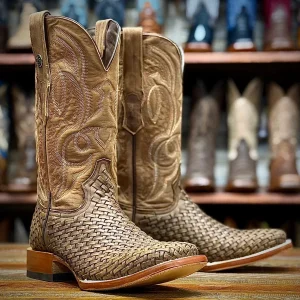 Tanner Mark Men's Genuine Basket Weave Leather Square Toe Boots - Honey Brown