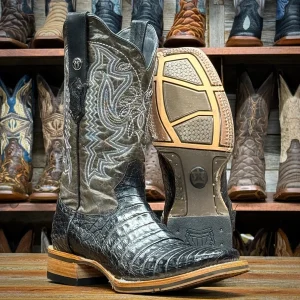 Tanner Mark Men's Genuine Caiman Belly Square Toe Boots - Black