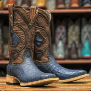 Tanner Mark Men's Genuine Caiman Belly Square Toe Boots Savage Blue