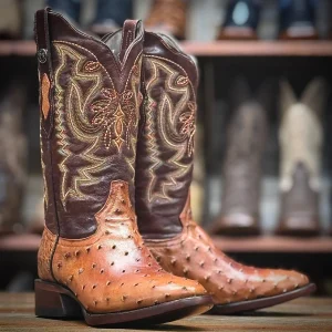 Tanner Mark Men's Genuine Full Quill Ostrich Round Toe Boots - Cognac