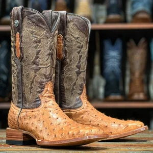 Tanner Mark Men's Genuine Full Quill Ostrich Square Toe Boots Brandy TMX200479