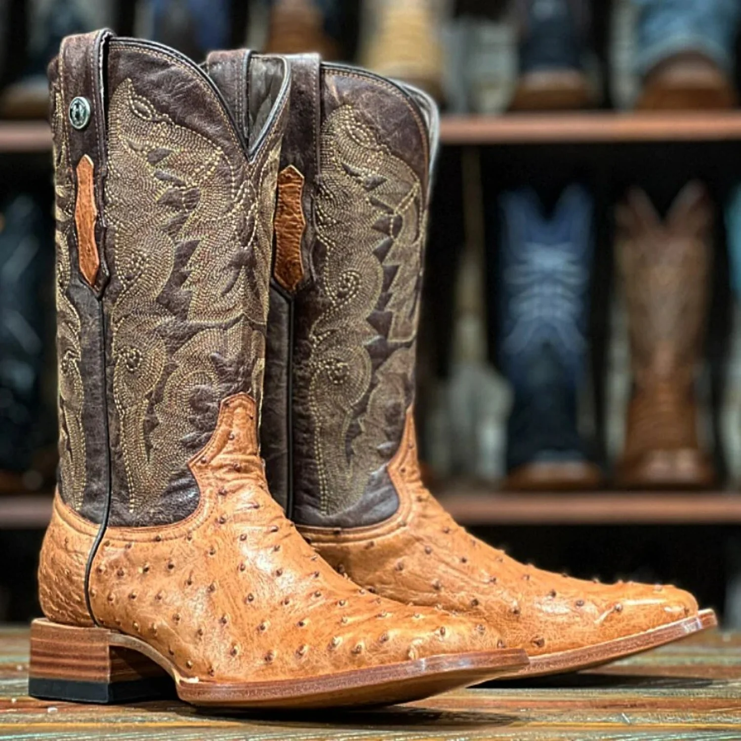 Tanner Mark Men's Genuine Full Quill Ostrich Square Toe Boots Brandy TMX200479