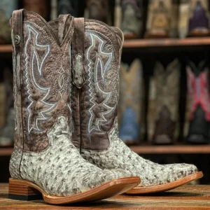 Tanner Mark Men's Genuine Full Quill Ostrich Square Toe Boots Brown TMX208008