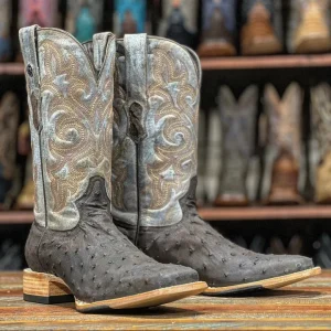 Tanner Mark Men's Genuine Full Quill Ostrich Square Toe Boots Dark Brown