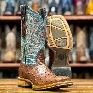 Tanner Mark Men's Genuine Full Quill Ostrich Square Toe Boots - Tobacco