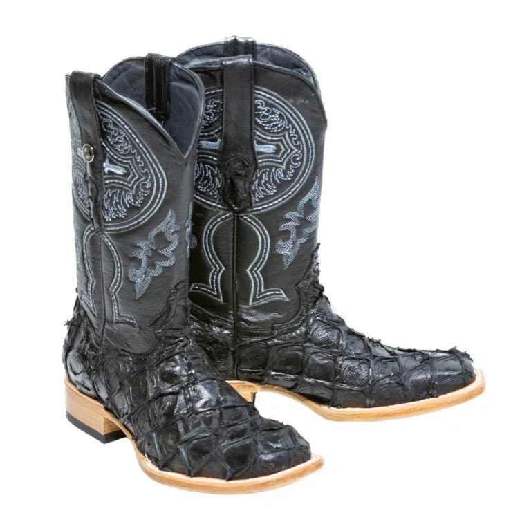 Tanner Mark Men's Genuine Monster Fish Leather Square Toe Boots Black TMX201308 - Imagen 4