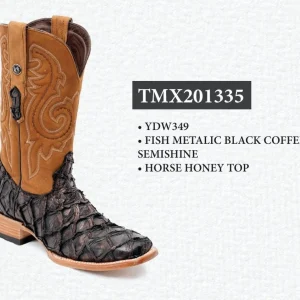 Tanner Mark Men's Genuine Monster Fish Square Toe Boots Black Coffee TMX201335