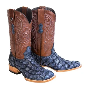 Tanner Mark Men's Genuine Monster Fish Square Toe Boots Navy Blue TMX201336