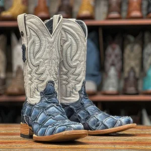 Tanner Mark Men's Genuine Monster Fish Square Toe Boots Sky Blue Matte TMX201323