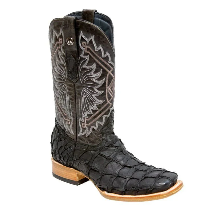 Tanner Mark Men's Genuine Monster Leather Fish Square Toe Boots Black - Imagen 4