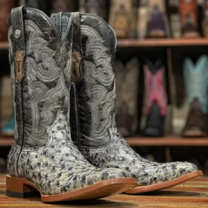 Tanner Mark Men's Guthrie Print Ostrich Square Toe Boots Rustic Black TM200962